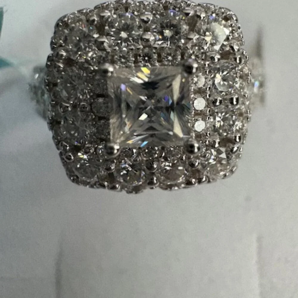 Elegant Square Halo Silver-Tone Ring with Clear Stones